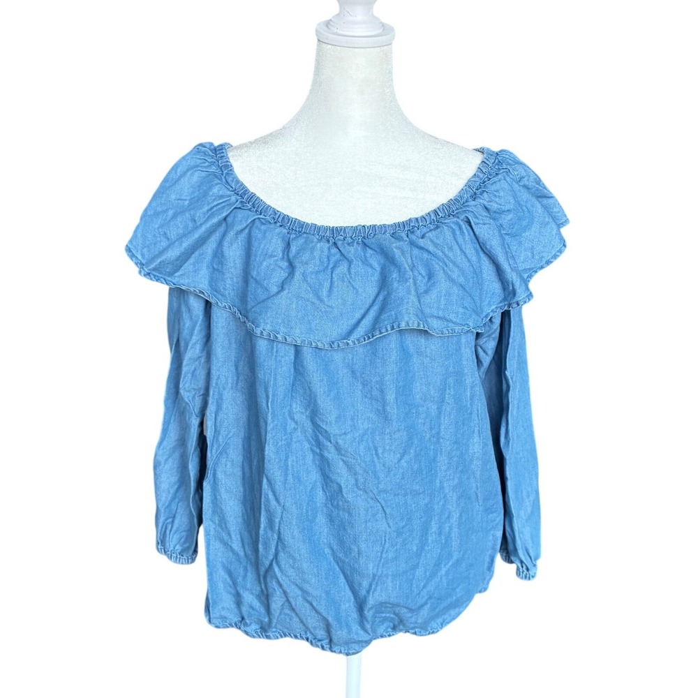 Michael Michael Kors Blue Chambray Off Shoulder Ruffle Top Large MH94C29HH